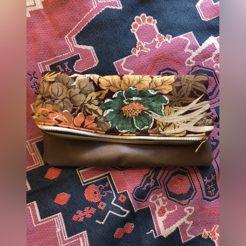 Handmade faux leather and brocade fall clutch